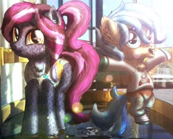 Size: 4500x3610 | Tagged: safe, artist:yourboimario, oc, oc:rocket tier, oc:spotlight splash, bandage, bandaged leg, cheek fluff, chest fluff, colt, duo, equestria daily, female, flying, foal, freckles, g4, imported from derpibooru, irl, male, mare, open mouth, pegasus, photo, ponies in real life, pony, ponytail, reflection, siblings, spread wings, wings