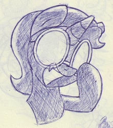 Size: 904x1022 | Tagged: safe, artist:unitxxvii, oc, oc:nyx, alicorn, anime glasses, bust, female, filly, foal, imported from derpibooru, monochrome, oc only, open mouth, open smile, pen drawing, pony, smiling, solo, traditional art