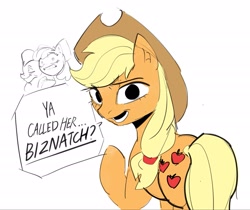 Size: 1449x1218 | Tagged: safe, artist:miscuitsxd, apple bloom, applejack, apple bloom's bow, applejack's hat, better call saul, bow, breaking bad, colored sketch, cowboy hat, dialogue, earth pony, female, filly, foal, g4, granny smith, hair bow, hat, imported from derpibooru, mare, pony, simple background, sketch, speech bubble, trio, tuco salamanca, white background