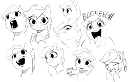 Size: 1648x1060 | Tagged: safe, artist:miscuitsxd, scootaloo, black and white, crying, dialogue, female, filly, foal, g4, goggles around neck, grayscale, imported from derpibooru, looking at you, monochrome, open mouth, open smile, pegasus, pony, runny nose, sketch, sketch dump, smiling, solo, tongue out