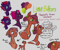 Size: 1280x1062 | Tagged: safe, artist:bloodsbane, tempest shadow, oc, oc:lime bitters, apron, aunt and niece, broken horn, clothes, eye scar, facial scar, female, filly, filly tempest shadow, fizzlepop berrytwist, foal, g4, horn, imported from derpibooru, reference sheet, scar, younger