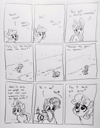 Size: 2296x2940 | Tagged: safe, artist:pony quarantine, apple bloom, rarity, scootaloo, sweetie belle, series:pq funnies, belle sisters, comic, comic strip, cutie mark crusaders, dialogue, earth pony, eating grass, female, filly, foal, g4, glasses, grayscale, horn, horses doing horse things, imported from derpibooru, knock knock joke, mare, measuring tape, meme, monochrome, open mouth, open smile, pegasus, pencil drawing, pony, rarity's glasses, scootachicken, sewing machine, siblings, sisters, smiling, traditional art, unicorn