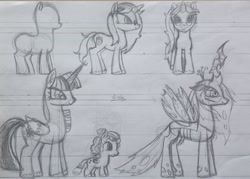 Size: 2544x1818 | Tagged: safe, artist:nicolai, queen chrysalis, twilight sparkle, oc, oc:golden roast, alicorn, changeling, cozy glow, female, filly, foal, front view, g4, horn, imported from derpibooru, older, pegasus, pony, reference sheet, side view, simple background, traditional art, unicorn, wings