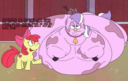 Size: 1611x1021 | Tagged: questionable, artist:cartoongirlz, apple bloom, diamond tiara, apple bloom's bow, barn, bell, bell collar, belly, belly bed, bingo wings, bow, chubby diamond, collar, cow, cowbell, cowified, dialogue, diamond tiara is not amused, diamond tiara's tiara, diamoo tiara, digital art, duo, duo female, earth pony, emanata, eyebrows, eyebrows visible through hair, fat, female, females only, filly, flabby chest, foal, g4, hair bow, hoof on belly, huge butt, immobile, implied transformation, implied weight gain, imported from derpibooru, impossibly large belly, impossibly large butt, impossibly obese, indoors, jewelry, large butt, lidded eyes, looking at someone, looking at you, looking up, morbidly obese, neck roll, no pupils, nose piercing, nose ring, obese, open mouth, open smile, piercing, pony, smiling, species swap, tiara, transformed, unamused, wavy mouth