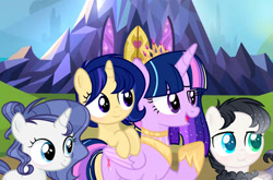Size: 749x494 | Tagged: safe, artist:amago9, twilight sparkle, oc, oc:havoc flame, oc:midnight sphere dusk, oc:mirage miracle crystal, alicorn, colt, female, filly, foal, g4, horn, hybrid, imported from derpibooru, interspecies offspring, male, mare, offspring, outdoors, parent:discord, parent:fancypants, parent:flash sentry, parent:princess celestia, parent:rarity, parent:twilight sparkle, parents:dislestia, parents:flashlight, parents:raripants, pegasus, pony, unicorn