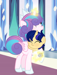 Size: 750x991 | Tagged: safe, artist:amago9, princess flurry heart, oc, oc:midnight sphere dusk, alicorn, baby, baby pony, cousins, female, filly, foal, g4, horn, imported from derpibooru, indoors, mare, offspring, older, older flurry heart, parent:flash sentry, parent:twilight sparkle, parents:flashlight, pony, unicorn