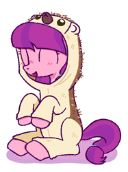 Size: 600x804 | Tagged: safe, artist:omelettepony, ^^, animal onesie, blush lines, blushing, clothes, earth pony, eyes closed, female, filly, foal, g4, hair tie, hedgehog, imported from derpibooru, lily longsocks, onesie, open mouth, open smile, pony, raised hooves, shadow, simple background, sitting, smiling, solo, tail tie, white background