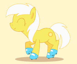 Size: 524x439 | Tagged: safe, artist:omelettepony, ^^, closed mouth, earth pony, eyes closed, female, filly, foal, g4, imported from derpibooru, pony, roller skates, shadow, simple background, skates, smiling, solo, standing on two hooves, sunny daze, yellow background