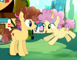 Size: 750x583 | Tagged: safe, artist:amago9, oc, oc:strawberry milkshake cake, earth pony, female, filly, foal, g4, imported from derpibooru, li'l cheese, mare, offspring, outdoors, parent:cheese sandwich, parent:pinkie pie, parents:cheesepie, pony, siblings, sisters