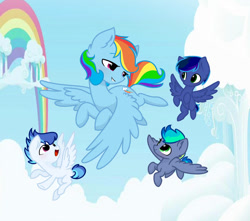 Size: 749x662 | Tagged: safe, artist:amago9, rainbow dash, oc, oc:morning champion, oc:nightmare light, oc:stain cloud, cloud, colt, female, filly, foal, g4, group, imported from derpibooru, male, mare, mother and child, mother and daughter, mother and son, needs more jpeg, offspring, outdoors, parent:rainbow dash, parent:soarin', parents:soarindash, pegasus, pony, quartet, rainbow, sky