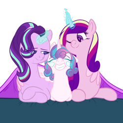 Size: 1920x1920 | Tagged: safe, artist:_butterscotch, princess flurry heart, starlight glimmer, alicorn, alternate mane color, bed, blanket, cheek pinch, commission, cute, eye clipping through hair, family, female, filly, filly flurry heart, foal, g4, glowing, glowing horn, happy, horn, hug, imported from derpibooru, lesbian, lying down, magic, mare, mother and child, mother and daughter, older, older flurry heart, one eye closed, pony, princess cadance, prone, scar, ship:glimmerdance, shipping, signature, simple background, smiling, stepmother and stepdaughter, telekinesis, transparent background, trio, trio female, unicorn, winghug, wings