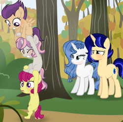 Size: 1280x1276 | Tagged: safe, artist:amago9, oc, oc:butter cream, oc:juice form, oc:moon dust, oc:silver ring, oc:split trophy, bipedal, earth pony, female, filly, foal, group, horn, imported from derpibooru, mare, oc only, offspring, outdoors, parent:apple bloom, parent:button mash, parent:fancypants, parent:flash sentry, parent:rarity, parent:rumble, parent:scootaloo, parent:sweetie belle, parent:tender taps, parent:twilight sparkle, parents:flashlight, parents:raripants, parents:rumbloo, parents:sweetiemash, parents:tenderbloom, pegasus, pony, pony pile, quadrupedal, quintet, tower of pony, tree, unicorn