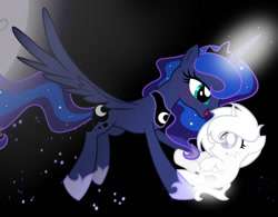 Size: 1280x996 | Tagged: safe, artist:amago9, princess luna, oc, oc:gift drop, alicorn, concave belly, female, filly, foal, g4, imported from derpibooru, mare, parent:princess luna, physique difference, pony, size difference, slender, thin