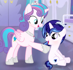Size: 750x722 | Tagged: safe, artist:amago9, princess flurry heart, oc, oc:rose crystal, alicorn, duo, duo female, female, filly, foal, g4, hoof shoes, horn, imported from derpibooru, indoors, jewelry, looking at each other, looking at someone, mare, necklace, offspring, older, older flurry heart, parent:princess cadance, parent:shining armor, parents:shiningcadance, pony, siblings, sisters, unicorn