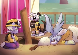 Size: 2045x1446 | Tagged: safe, artist:xconito, anthro, band-aid, clothes, derpy hooves, dinky hooves, dog, duo, duo female, female, filly, foal, g4, gloves, hard hat, hat, headlamp, hole, horn, imported from derpibooru, kneeling, mare, mother and child, mother and daughter, outdoors, pegasus, pickaxe, ponyville town hall, rescue dog, scratches, tongue out, unguligrade anthro, unicorn, venezuela, vest