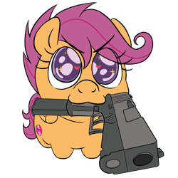 Size: 1920x1920 | Tagged: safe, artist:_butterscotch, scootaloo, :3, big eyes, chibi, cute, cutealoo, daaaaaaaaaaaw, extended magazine, eye clipping through hair, eye reflection, eyebrows, eyebrows visible through hair, female, filly, foal, folded wings, g4, glock, gun, heart, heart eyes, high angle, imported from derpibooru, looking at you, mouth hold, no source available, oh no, pegasus, pistol, pony, reflection, simple background, sitting, snoot, solo, starry eyes, stubby legs, transparent background, weapon, wingding eyes, wings