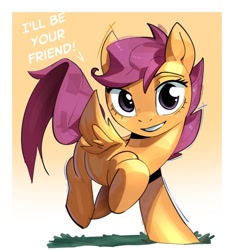 Size: 636x680 | Tagged: safe, artist:miscuitsxd, scootaloo, cute, cutealoo, dialogue, eyelashes, female, filly, foal, full body, g4, gradient background, grass, grin, imported from derpibooru, looking at you, offering, passepartout, pegasus, pony, raised hooves, shading, smiling, smiling at you, solo, talking to viewer