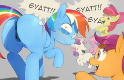 Size: 2142x1386 | Tagged: explicit, artist:hehehahahoofs, apple bloom, rainbow dash, scootaloo, sweetie belle, anatomically correct, anus, blank flank, blushing, brainrot, butt, cutie mark crusaders, derpibooru exclusive, earth pony, embarrassed, embarrassed nude exposure, eyes closed, female, filly, foal, g4, genitals, gyatt, happy, horn, implied foalcon, imported from derpibooru, looking back, mare, meme, nudity, open mouth, open smile, pegasus, plot, ponut, pony, rainbutt dash, smiling, sweat, sweatdrops, unicorn, vulva, yelling