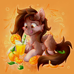 Size: 3000x3000 | Tagged: safe, artist:thunderball, oc, oc:pelmeshka, blank flank, drink, earth pony, female, filly, foal, food, imported from derpibooru, juice, oc only, orange, pony, tongue out