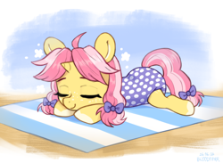 Size: 3000x2194 | Tagged: safe, artist:bloodymrr, oc, oc:crafty circles, abdl, beach, beach towel, clothes, diaper, diaper under clothes, female, filly, foal, horn, imported from derpibooru, lying down, one-piece swimsuit, outdoors, pony, prone, swimsuit, unicorn