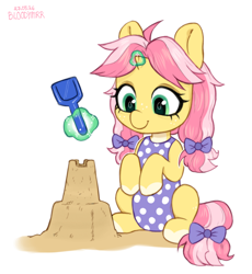 Size: 2614x2845 | Tagged: safe, artist:bloodymrr, oc, oc:crafty circles, abdl, beach, clothes, diaper, diaper under clothes, female, filly, foal, horn, imported from derpibooru, magic, one-piece swimsuit, pony, sandcastle, sitting, swimsuit, telekinesis, unicorn
