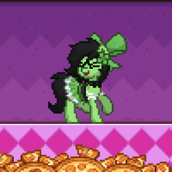 Size: 1000x1000 | Tagged: safe, artist:omegacannon animations, oc, oc:filly anon, animated, black mane, bow, clothes, cute, daaaaaaaaaaaw, dancing, digital art, dress, earth pony, female, filly, foal, food, gif, green, green bow, green dress, green fur, hair bow, happy, imported from derpibooru, loop, movement, oc only, pixel art, pizza, pony, pony town