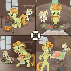 Size: 2845x2844 | Tagged: safe, artist:ciborgen, basket, bipedal, carrot, carrot top, cauldron, comic, context in description, cooking pot, duo, earth pony, eating, female, filly, fine art parody, fire, foal, food, g4, golden harvest, goulash, herbivore, hoof hold, imported from derpibooru, lying down, mare, mouth hold, no dialogue, noi, open mouth, paintbrush, painting, pencil drawing, pony, prone, saturn devouring his son, skin and bones, smiling, tally marks, too dumb to live, traditional art, wrong neighborhood