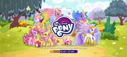 Size: 1604x720 | Tagged: safe, fluttershy, pinkie pie, princess celestia, alicorn, earth pony, female, filly, foal, g4, game screencap, gameloft, imported from derpibooru, loading screen, mare, my little pony logo, my little pony: magic princess, official, outdoors, pegasus, pony, princess gold lily, princess skyla, princess sterling, spanish, toy interpretation