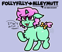 Size: 1548x1299 | Tagged: safe, artist:alleymutt, artist:follyfilly, oc, oc:puppychow, blushing, bow, chubby, female, filly, foal, horn, imported from derpibooru, oc only, solo, tail, tail bow, text, unicorn