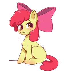 Size: 1857x2048 | Tagged: safe, artist:sherrypawss, apple bloom, :3, adorabloom, artist name, blushing, bow, chest fluff, cute, earth pony, emanata, female, filly, foal, full body, g4, hair bow, imported from derpibooru, looking at you, pink bow, pony, signature, simple background, sitting, solo, text, white background