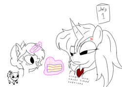 Size: 1668x1185 | Tagged: safe, artist:composerflea, oc, cake, cat, child, clothes, female, filly, foal, food, frown, horn, imported from derpibooru, magic, mother and child, mother and daughter, necktie, pony, suit, telekinesis, unicorn, unicorn oc