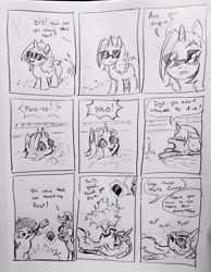 Size: 2296x2957 | Tagged: safe, artist:pony quarantine, oc, oc:dyx, oc:filly anon, oc:nyx, series:pq funnies, alicorn, cheating, comic, comic strip, dialogue, earth pony, eye clipping through hair, eyebrows, eyebrows visible through hair, eyes closed, female, filly, fire, fire breath, floppy ears, foal, food, grayscale, imported from derpibooru, levitation, looking at you, magic, marco polo, marshmallow, monochrome, mouth hold, oc only, panting, pencil drawing, pony, roasted marshmallow, siblings, sisters, speech bubble, sunglasses, swimming, swimming pool, talking to viewer, telekinesis, tongue out, traditional art, trio, trio female, wet, wet mane