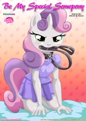 Size: 1024x1447 | Tagged: questionable, artist:bbmbbf, sweetie belle, comic:be my special somepony, anthro, banned from derpibooru, be my special somepony, blushing, bondage, bondage gear, clothes, collar, comic, equestria untamed, implied foalcon, imported from twibooru, leash, lolicon, palcomix, underage