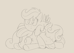Size: 3500x2500 | Tagged: safe, artist:dtcx97, apple bloom, scootaloo, sweetie belle, cuddle puddle, cuddling, cutie mark crusaders, earth pony, explicit source, eyes closed, female, filly, foal, g4, gray background, grayscale, hooves, horn, imported from derpibooru, lying down, lying on top of someone, monochrome, pegasus, pony pile, prone, simple background, sketch, smiling, trio, trio female, unicorn, wings