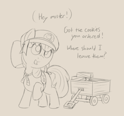 Size: 1975x1856 | Tagged: safe, artist:dtcx97, apple bloom, apple bloom's bow, bow, cookie box, dialogue, earth pony, explicit source, female, filly, foal, g4, girl scout, grayscale, hair bow, hat, imported from derpibooru, monochrome, open mouth, pony, scout uniform, simple background, sketch, solo, speech bubble, standing, talking, wagon