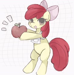 Size: 2009x2048 | Tagged: safe, artist:ginmaruxx, apple bloom, :d, abstract background, apple, apron, bipedal, blushing, bow, buy some apples, clothes, earth pony, emanata, female, filly, foal, food, full body, g4, hair bow, imported from derpibooru, looking at you, open mouth, open smile, pink bow, pony, simple background, smiling, white apron, white background