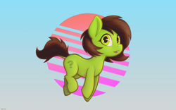Size: 800x500 | Tagged: safe, artist:darkdoomer, oc, oc:filly anon, abstract background, brown mane, brown tail, dock, earth pony, female, filly, foal, gradient background, imported from derpibooru, oc only, open mouth, pony, retrowave, solo, sunset, tail, wallpaper, widescreen