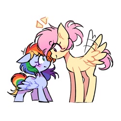 Size: 1201x1201 | Tagged: safe, artist:loepone, fluttershy, rainbow dash, alternate eye color, alternate hairstyle, blushing, cute, daaaaaaaaaaaw, dashabetes, emanata, eye clipping through hair, eye swap, eyebrows, eyebrows visible through hair, female, filly, filly rainbow dash, flapping wings, floppy ears, foal, g4, height difference, imported from derpibooru, lesbian, looking at each other, looking at someone, pegasus, personality swap, pony, ship:flutterdash, shipping, shyabetes, simple background, smoldash, spread wings, tallershy, white background, wings, younger