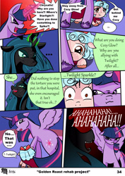Size: 2480x3508 | Tagged: safe, artist:nicolai, queen chrysalis, twilight sparkle, comic:golden roast rehab project, alicorn, angry, cape, changeling, clothes, cmc cape, comic, cozy glow, evil laugh, female, filly, foal, g4, glowing, glowing horn, horn, imported from derpibooru, laughing, magic, mare, open mouth, pegasus, scared, surprised, unshorn fetlocks, wings, yelling