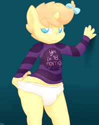 Size: 2000x2520 | Tagged: suggestive, artist:lamia, anthro, babycon, banned from derpibooru, clothes, diaper, female, imported from twibooru, lamia did it again, lolicon, looking at you, pumpkin cake, shirt, smiling, solo, solo female, underage