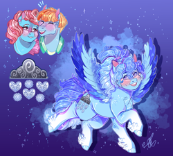 Size: 1200x1080 | Tagged: safe, artist:bunnari, oc, oc:icy creamsicle, cup cake, cutie mark, drop shadow, earth pony, eyes closed, eyes open, female, filly, flying, foal, g4, gradient background, imported from derpibooru, looking up, magical lesbian spawn, offspring, outline, parent:cup cake, parent:windy whistles, pegasus, pony, smiling, white outline, windy whistles, wings
