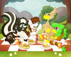 Size: 2500x2000 | Tagged: safe, artist:euspuche, oc, oc:gigi gryphon, oc:seaweed blitz, oc:zenawa skunkpony, adopted, adopted daughter, adopted offspring, adopted son, beak, burger, chest fluff, chewing, classical hippogriff, claws, colt, cub, cute, daaaaaaaaaaaw, diaper, drink, drinking straw, earth pony, earth pony oc, eating, family, fangs, father, father and child, father and daughter, father and son, feather, female, foal, food, g4, gay, griffon, griffon oc, hay burger, hippogriff, hippogriff oc, holding food, horseshoe fries, hybrid, hybrid oc, imported from derpibooru, interspecies, interspecies offspring, licking, licking lips, looking at each other, looking at someone, looking up, love, lovely, loving family ponies, lying down, male, oc x oc, ocbetes, offspring, open mouth, outdoors, parents:oc x oc, paws, picnic, picnic blanket, pipsqueak, poofy diaper, prone, shipping, sitting, skunk, skunk pony, spread wings, squeakabetes, stallion, talking, talons, tongue out, unshorn fetlocks, wings
