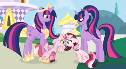 Size: 1280x700 | Tagged: safe, artist:velveagicsentryyt, twilight sparkle, oc, oc:eclipse sparkle, oc:scarlet light, alicorn, chaos pony, draconequus, equestria girls ponified, female, filly, foal, g4, horn, hybrid, imported from derpibooru, interdimensional siblings, interspecies offspring, magical lesbian spawn, offspring, older, older twilight, older twilight sparkle (alicorn), outdoors, parent:discord, parent:sunset shimmer, parent:twilight sparkle, parents:discolight, parents:sunsetsparkle, ponified, pony, princess twilight 2.0, quadrupedal, sci-twi, unicorn, unicorn sci-twi