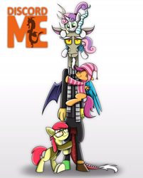 Size: 1920x2385 | Tagged: safe, artist:mlptmntdisneykauane, apple bloom, scootaloo, sweetie belle, adorabloom, agnes gru, chullo, clothes, cosplay, costume, crossover, cute, cutealoo, cutie mark crusaders, cutie mark cuties, daaaaaaaaaaaw, despicable me, diasweetes, discord, discord is not amused, discute, draconequus, earth pony, edith gru, eyes closed, family, felonius gru, female, filly, foal, g4, glasses, horn, hug, imported from derpibooru, jacket, love, male, margo gru, overalls, pants, parody, pegasus, pony, pony hat, ponytail, scarf, shirt, simple background, smiling, sweater, unamused, unicorn, white background