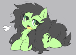 Size: 2088x1512 | Tagged: safe, artist:bagegale, oc, oc:filly anon, breath, chest fluff, earth pony, female, filly, foal, gray background, imported from derpibooru, lidded eyes, lying down, mare, messy mane, oc only, open mouth, pony, sigh, simple background