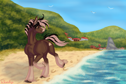 Size: 1500x1000 | Tagged: safe, artist:the dashkaroyla, oc, 2026, beach, colt, commission, digital art, earth pony, foal, imported from derpibooru, male, ocean, outdoors, pony, shore, sky, stallion, summer, village, water
