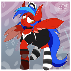 Size: 4000x4000 | Tagged: safe, artist:thatponybell, oc, oc:thunder hail, clothes, colt, crossdressing, embarrassed, eyeshadow, femboy, foal, g4, imported from derpibooru, looking down, maid, makeup, male, oc only, pegasus, pony, socks, solo, spread wings, wings