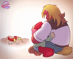 Size: 2560x2048 | Tagged: safe, artist:xconito, apple bloom, alternate universe, anthro, apple bloom's bow, ball, big macintosh, bone, bow, brother and sister, collar, duo, earth pony, female, filly, foal, g4, grave, hair bow, hug, implied death, implied winona, imported from derpibooru, male, my little sombra: resistance is magic, shaking, siblings, sitting, tennis ball