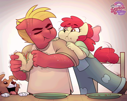Size: 2560x2048 | Tagged: safe, artist:xconito, apple bloom, alternate universe, anthro, apple bloom's bow, big macintosh, bow, brother and sister, clothes, dog, earth pony, eyebrows, eyebrows visible through hair, female, filly, foal, food, g4, hair bow, imported from derpibooru, male, messy eating, my little sombra: resistance is magic, overalls, sandwich, siblings, sweat, trio, winona