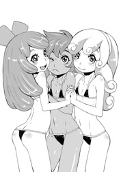 Size: 859x1214 | Tagged: suggestive, artist:okekoba, apple bloom, scootaloo, sweetie belle, banned from derpibooru, belly button, bikini, breasts, clothes, cute, cutie mark crusaders, delicious flat chest, equestria girls, female, females only, grayscale, imported from twibooru, lolicon, monochrome, older, panties, swimsuit, thong, underage, underwear